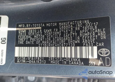 2017 Toyota Corolla Le from USA, damaged, VIN 2T1BURHE4HC877139